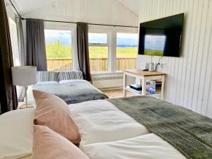 a bedroom with two beds and a tv and a window at Lundur in Borgarnes