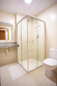 a glass shower in a bathroom with a toilet at Hotel Zandoná in Blumenau