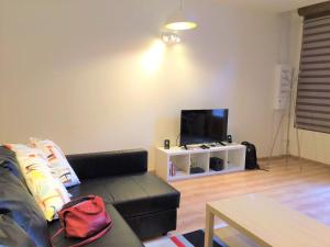 sala de estar con sofá y TV de pantalla plana en Modern Boulangerie, large 6 bedroom village house en Quillan