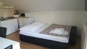 a room with a bed with a microwave and a kitchen at Apartment Silvia in Slunj