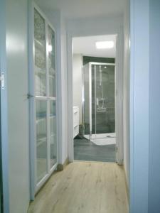 um corredor com uma cabina de duche ao nível do chão e uma porta de vidro em La Guariza em Villablino