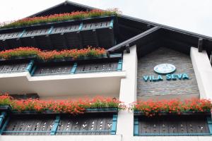 a building with red flowers in the window boxes at Vila Seva in Vatra Dornei