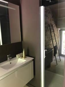 a bathroom with a sink and a mirror at Les Jardins Sauvages in Cabrerets