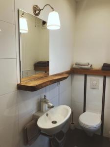 a bathroom with a sink and a toilet and a mirror at Robert Koch in Arnsberg