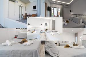 a room with two beds and a living room at Skalidis Apartments Stalis in Stalida