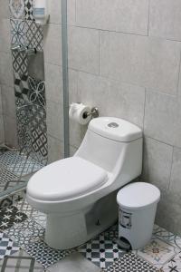a white toilet in a bathroom with a shower at NATIVUS Art-Hostel in San José
