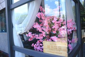 a window display with pink flowers and a sign at Salmon B&B in Hualien City