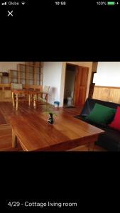 een woonkamer met een houten tafel en een bank bij Hillside Village apartment 72sqm size with kitchen in Siquijor