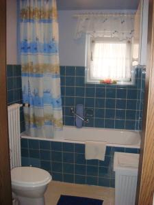 ein Bad mit einer Badewanne, einem WC und einem Fenster in der Unterkunft Ferienwohnung Trier in Trier