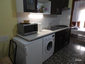 a kitchen with a washing machine and a microwave at Oleandro e Glicine in Lecce