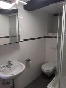 La salle de bains est pourvue de toilettes, d'un lavabo et d'un miroir. dans l'établissement Gästehaus Oh-La-La, à Wilster