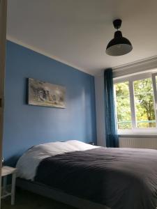 een blauwe slaapkamer met een bed en een raam bij Face aux remparts in Boulogne-sur-Mer