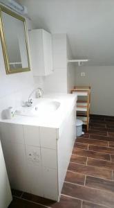 La salle de bains blanche est pourvue d'un lavabo et d'un miroir. dans l'établissement Gîte Valentin, à Dompierre-sur-Besbre