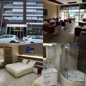 EtimesutにあるANKARA ATLANTİK OTELのベッドとバスルーム付きのホテルルームの4枚の写真