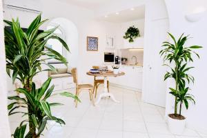 a kitchen and dining room with plants at Gema Suites in Positano