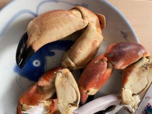 a bowl of food with lobsters on a table at Berneray Otter Cottage in Berneray +46 photos