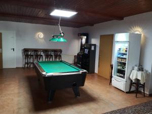 a room with a pool table and a refrigerator at Pension Zentrum Riesa in Riesa