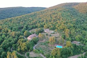 Vue aérienne d'une maison au milieu d'une forêt dans l'établissement Agriturismo Podere Costarella, à Radicondoli