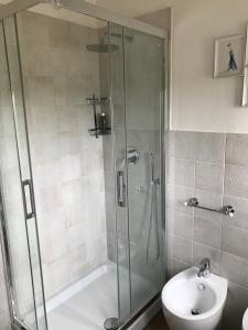 ein Bad mit einer Dusche, einem WC und einem Waschbecken in der Unterkunft Noi Due Guest House - Fubine Monferrato in Fubine
