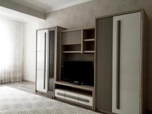uma sala de estar com um centro de entretenimento com televisão em Center Apartment on Albisoara Street em Chisinau