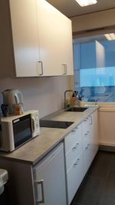 a kitchen with white cabinets and a microwave and a window at Ekirom in Egersund