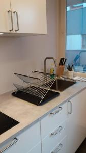 a kitchen sink with a metal rack next to it at Ekirom in Egersund