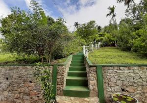 a stairway with green steps and a stone wall at ATT's eagles nest in Kandy