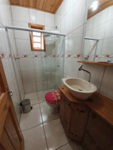 a bathroom with a sink and a shower and a toilet at Pousada Canto de Pássaros in Painel