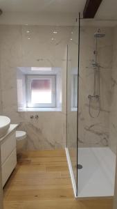 a bathroom with a shower and a toilet and a sink at Apartments Milion in Korčula +26 photos
