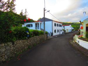 eine Dorfstraße mit Häusern und einer Steinmauer in der Unterkunft Casa L&M in Lajes das Flores