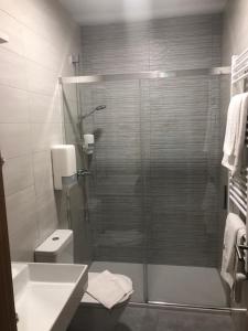 a bathroom with a shower and a toilet and a sink at Hostel El Paloma in Santoña