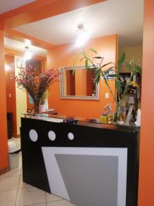 a bathroom with a black and white counter with plants at Nasca Travel One Hostel in Nazca