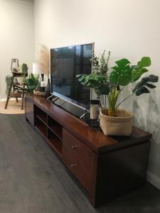 uma sala de estar com uma grande televisão numa cómoda de madeira em Executive Villa, private 2 bedroom in ideal location em Bathurst