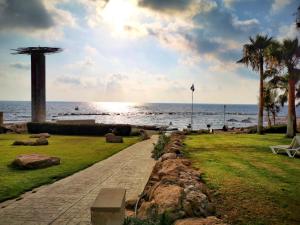 a walkway next to the ocean with palm trees at King Alexander Villa 22 in Paphos City