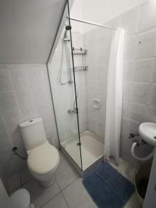 uma casa de banho com um chuveiro, um WC e um lavatório. em King Alexander Villa 22 em Pafos