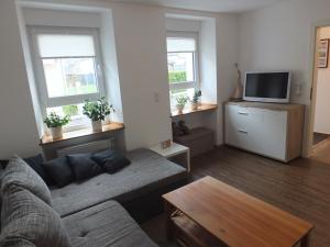 a living room with a couch and a tv at Biggi in Trittenheim