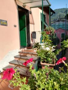 a green door and some flowers on the stairs at Ca' di Ro in Camogli