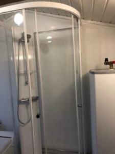 een douche in een badkamer met een glazen deur bij Hamningberghuset in Havningberg