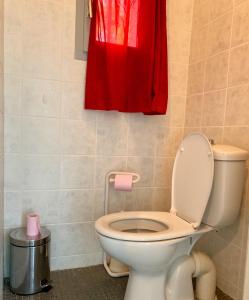 een badkamer met een toilet en een rood gordijn bij La Meyssonnié in Damiatte