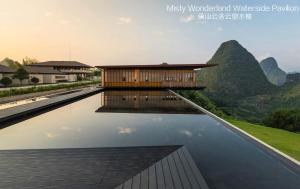 una rappresentazione di una casa con riflesso nell’acqua di Misty Wonderland ,Yangshuo Xingping a Yangshuo