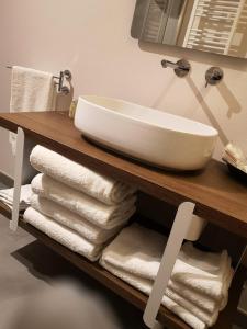 a bathroom with a sink and towels on a shelf at L'Ospitale dei Brilli in Stia +81 photos