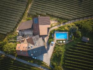 an aerial view of a house with a swimming pool at Lamberthof in Montagna