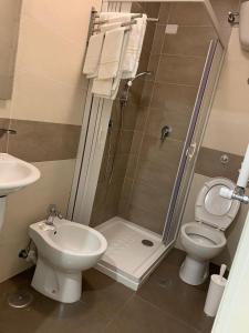 a bathroom with a shower and a toilet and a sink at Hotel Chic in SantʼAntimo