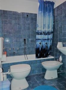 Un baño con azulejos azules, inodoro y lavabo. en Ca' Francesca - bilocale a Cesana Torinese, en Cesana Torinese 30 fotos más