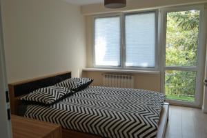 ein Schlafzimmer mit einem Bett und zwei Fenstern in der Unterkunft Apartament Bema in Białystok