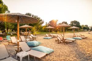 a group of chairs and umbrellas on a beach at Kokkinos in Vourvourou