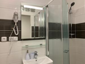 a bathroom with a sink and a shower at Mikulov Inn - Apartments Slunce in Mikulov