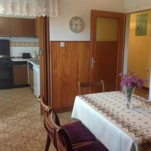kuchnia ze stołem, na którym stoi wazon z kwiatami w obiekcie Apartman Katica w mieście Plomin