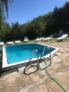 a swimming pool with a green hose attached to it at Вила Чевермето in Palitsi