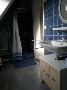 W łazience znajduje się umywalka i prysznic z niebieskimi kafelkami. w obiekcie Gite de Kerianégan w mieście Pleumeur-Bodou